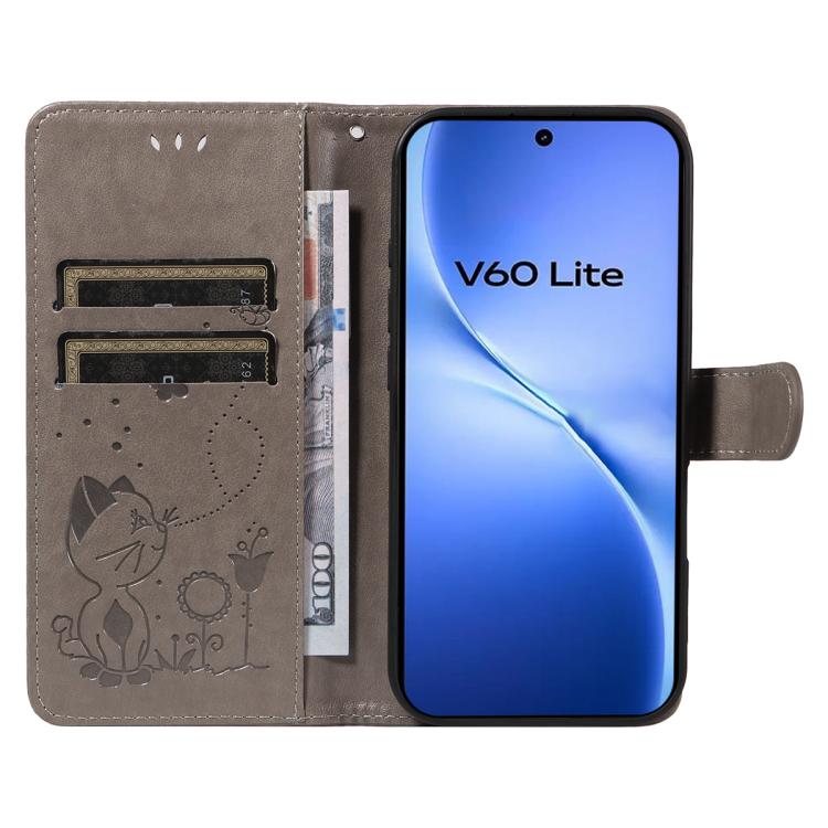 For vivo V60 Lite 4G Cat and Bee Embossed Flip Leather Phone Case