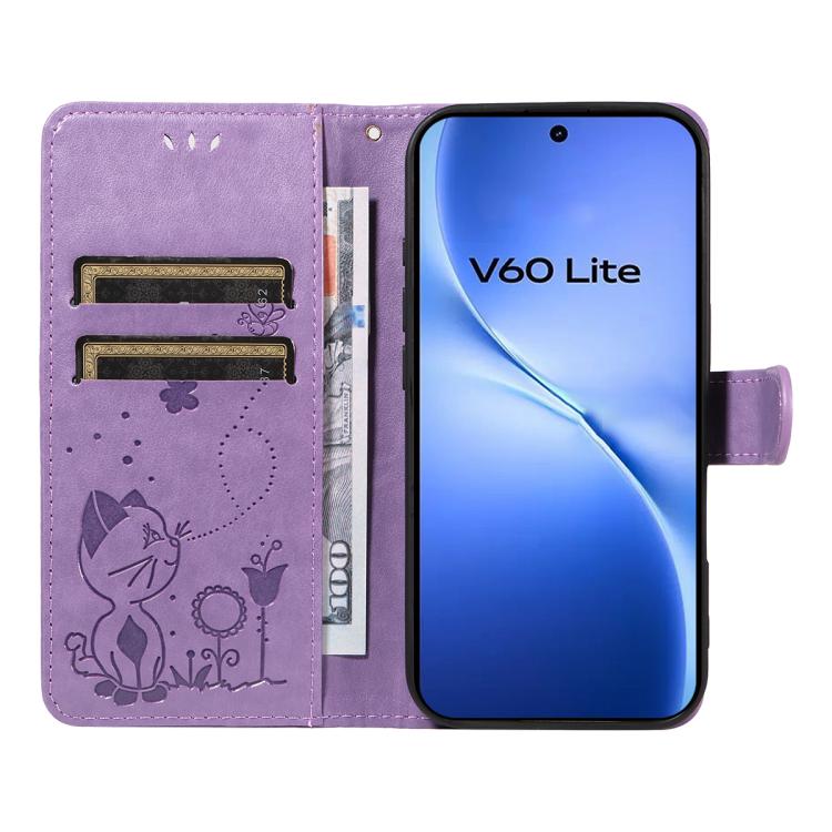 For vivo V60 Lite 4G Cat and Bee Embossed Flip Leather Phone Case