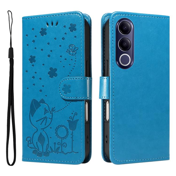 For vivo V70 FE 5G Cat and Bee Embossed Flip Leather Phone Case