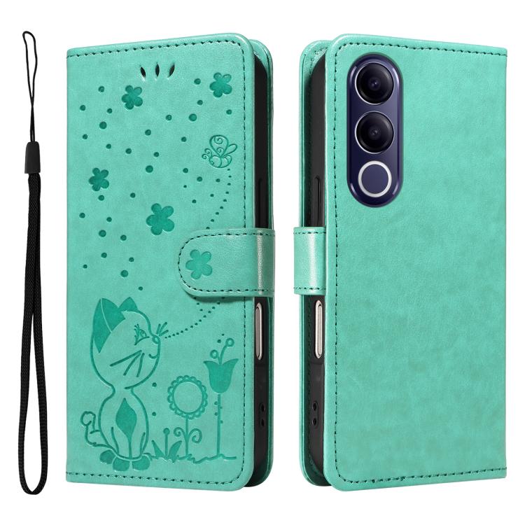For vivo V70 FE 5G Cat and Bee Embossed Flip Leather Phone Case