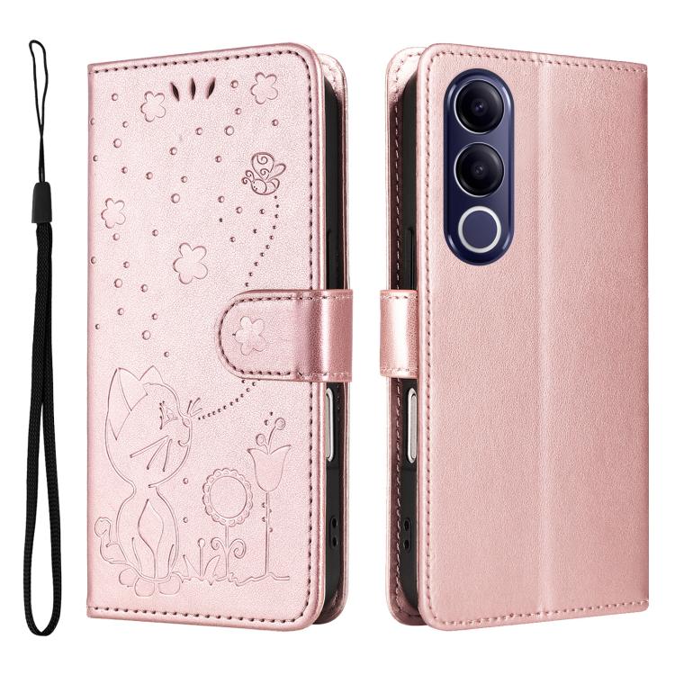 For vivo V70 FE 5G Cat and Bee Embossed Flip Leather Phone Case