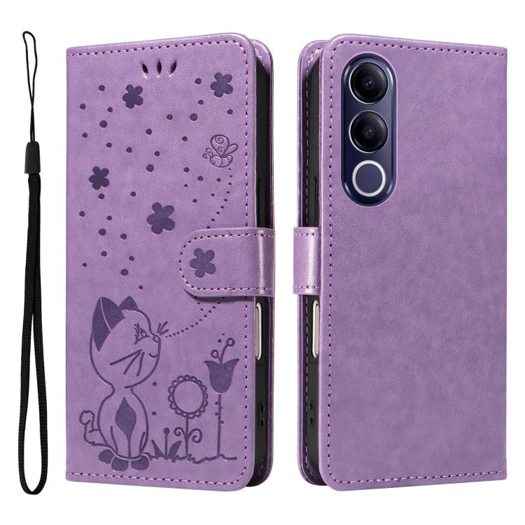 For vivo V70 FE 5G Cat and Bee Embossed Flip Leather Phone Case