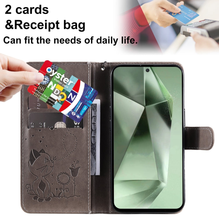 For Galaxy S24 FE 5G Cat and Bee Embossed Flip Leather Phone Case