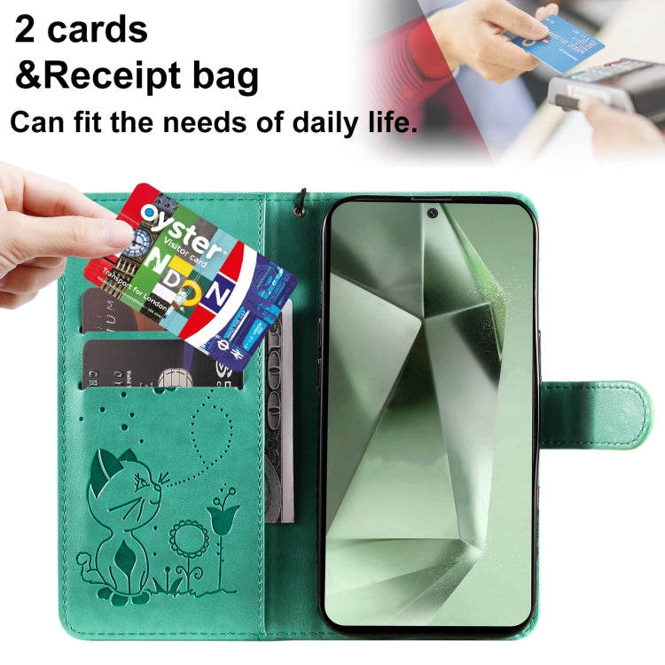 For Galaxy S24 FE 5G Cat and Bee Embossed Flip Leather Phone Case