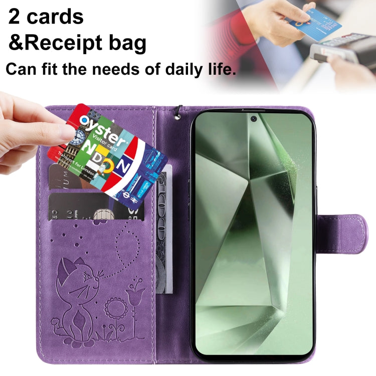 For Galaxy S24 FE 5G Cat and Bee Embossed Flip Leather Phone Case