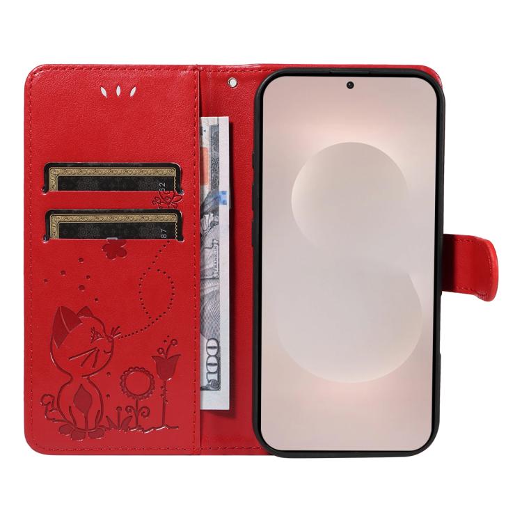 For Galaxy S26 Edge 5G Cat and Bee Embossed Flip Leather Phone Case