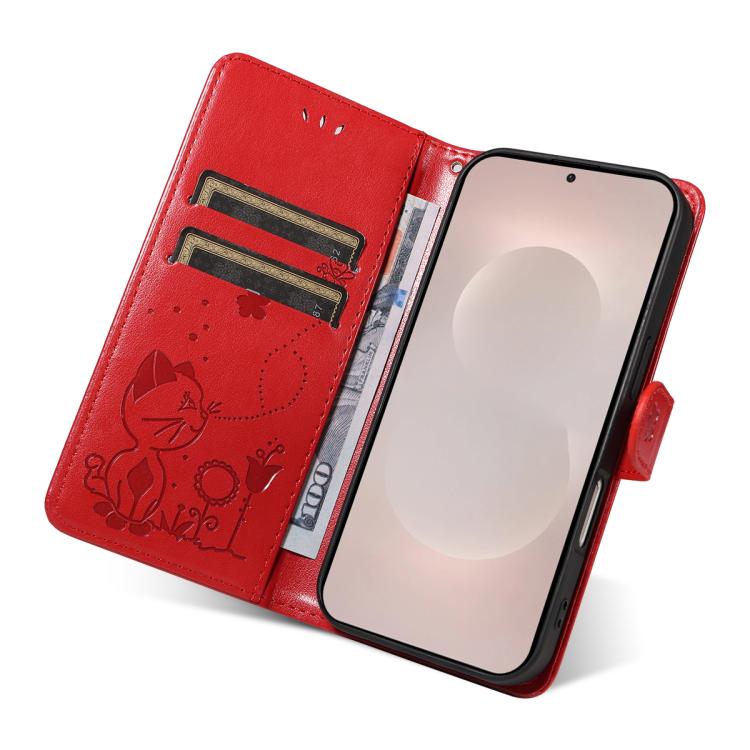 For Galaxy S26 Edge 5G Cat and Bee Embossed Flip Leather Phone Case