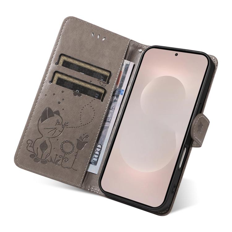 For Galaxy S26 Edge 5G Cat and Bee Embossed Flip Leather Phone Case