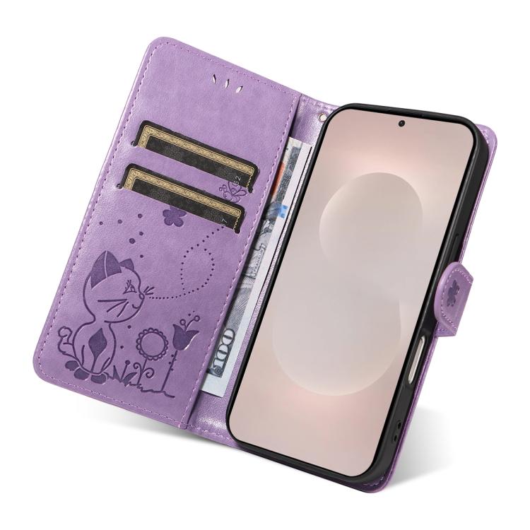 For Galaxy S26 Edge 5G Cat and Bee Embossed Flip Leather Phone Case