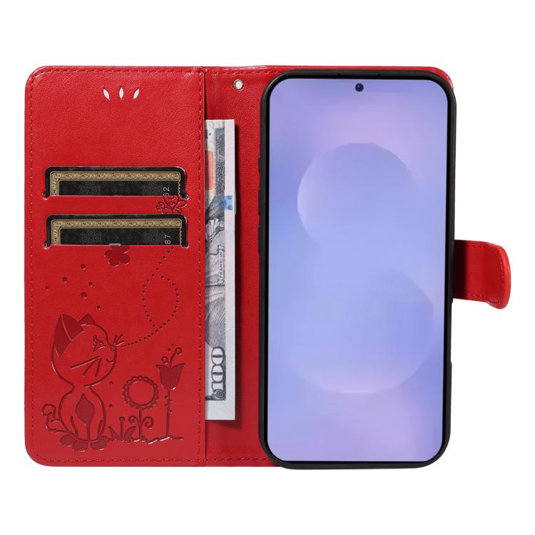 For Galaxy S26 5G Cat and Bee Embossed Flip Leather Phone Case