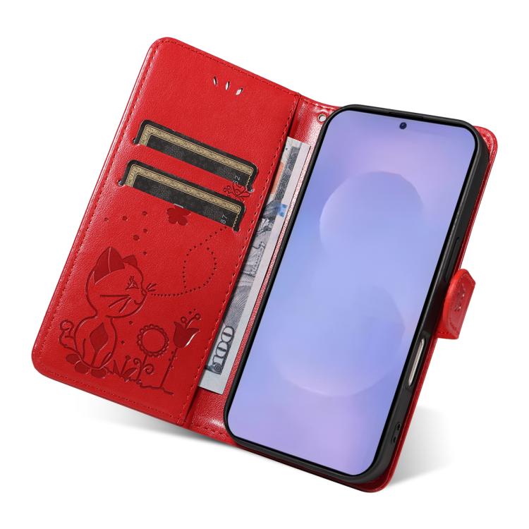 For Galaxy S26 5G Cat and Bee Embossed Flip Leather Phone Case