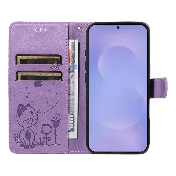 For Galaxy S26 5G Cat and Bee Embossed Flip Leather Phone Case