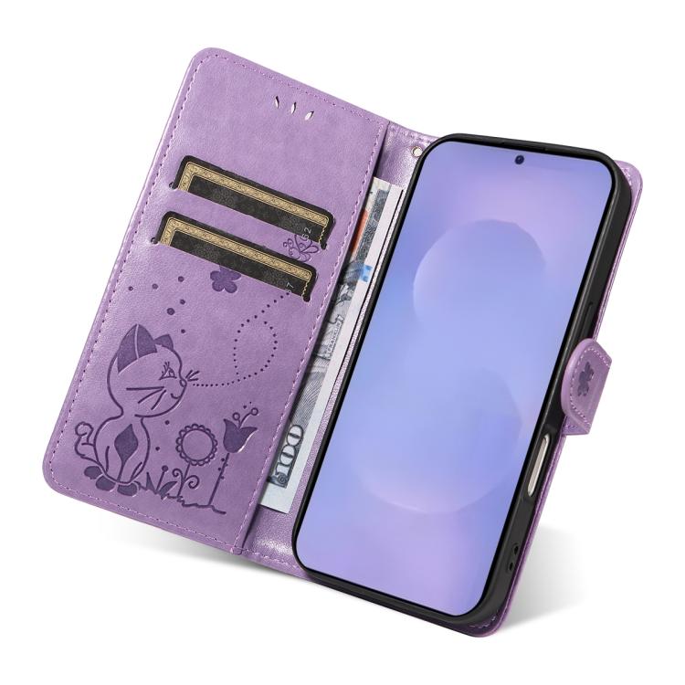 For Galaxy S26 5G Cat and Bee Embossed Flip Leather Phone Case