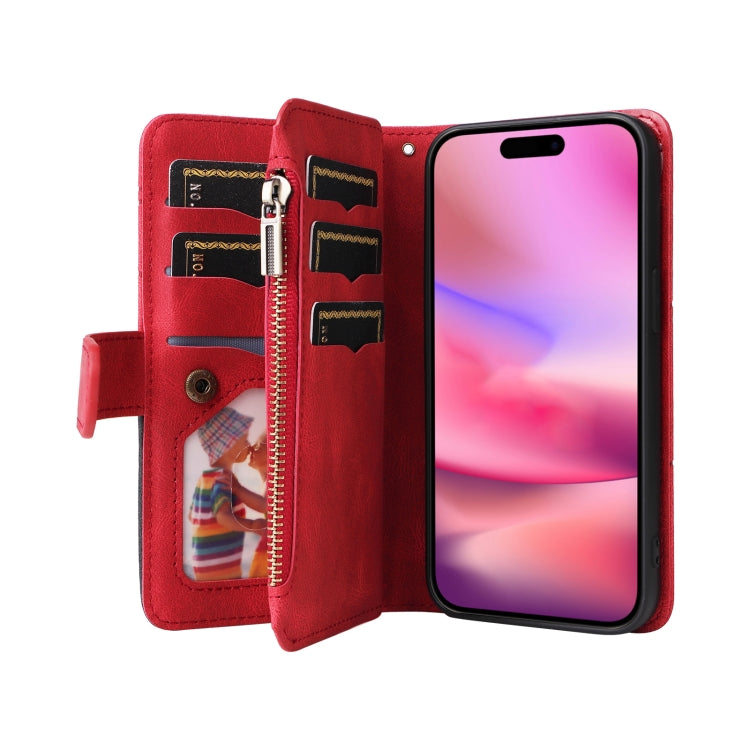 For iPhone 16 Dual-color 9 Card Slots Zipper Wallet Leather Phone Case