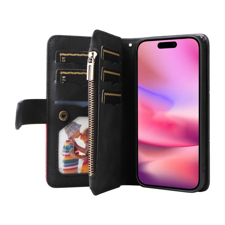 For iPhone 16 Dual-color 9 Card Slots Zipper Wallet Leather Phone Case