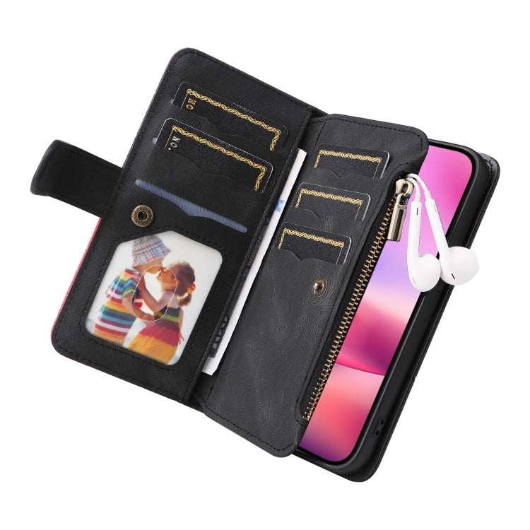 For iPhone 16 Dual-color 9 Card Slots Zipper Wallet Leather Phone Case