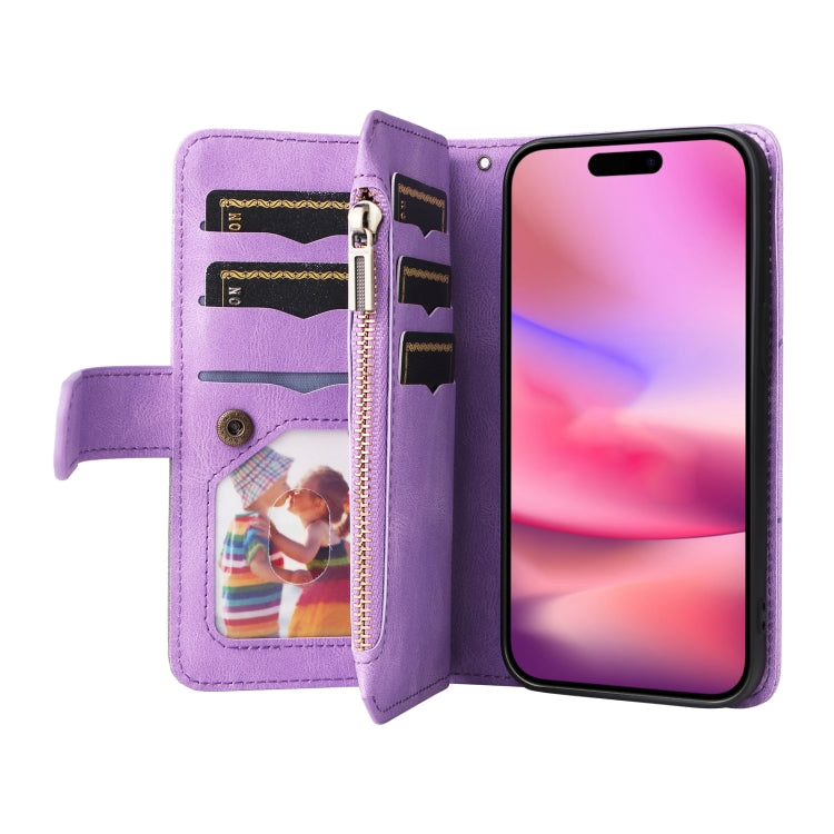 For iPhone 16 Dual-color 9 Card Slots Zipper Wallet Leather Phone Case
