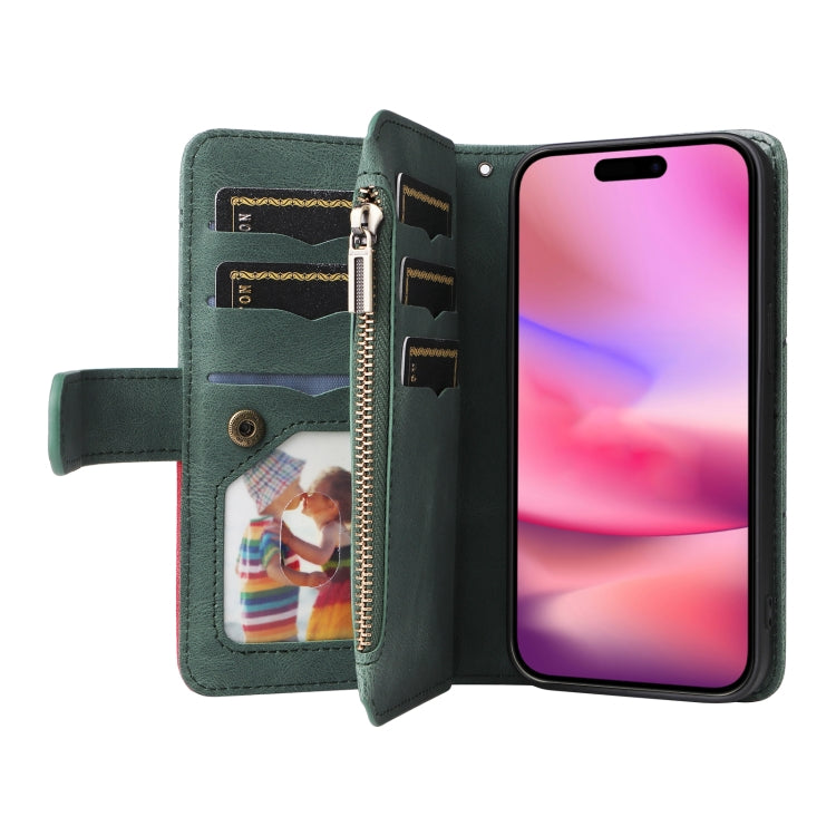 For iPhone 16 Dual-color 9 Card Slots Zipper Wallet Leather Phone Case