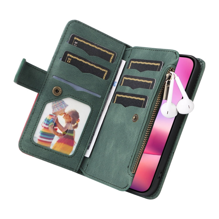 For iPhone 16 Dual-color 9 Card Slots Zipper Wallet Leather Phone Case
