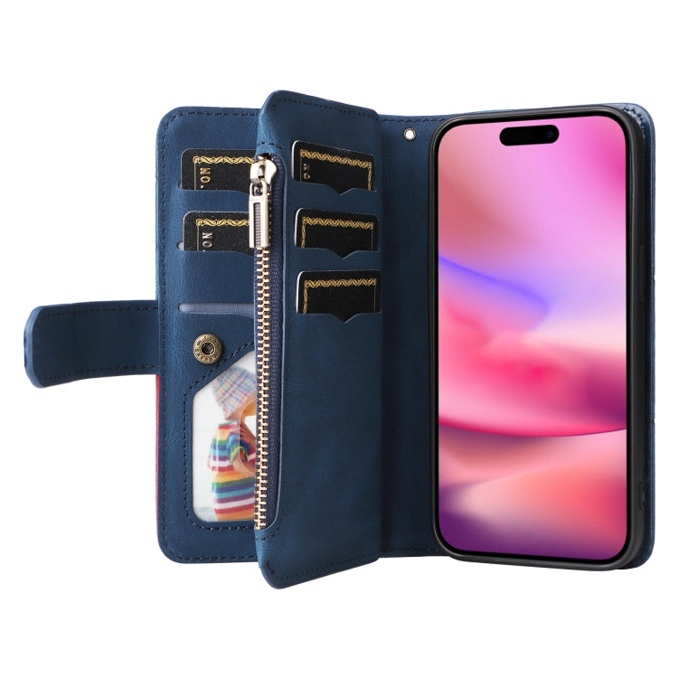 For iPhone 16 Dual-color 9 Card Slots Zipper Wallet Leather Phone Case