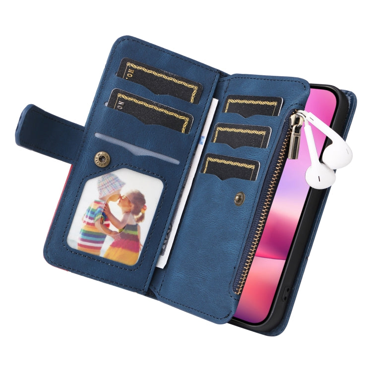 For iPhone 16 Dual-color 9 Card Slots Zipper Wallet Leather Phone Case