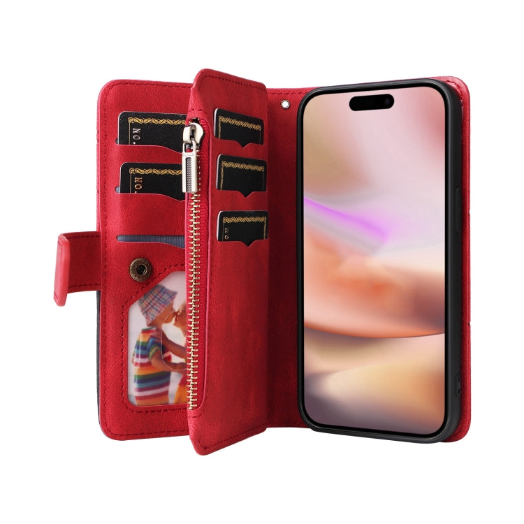 For iPhone 16 Plus Dual-color 9 Card Slots Zipper Wallet Leather Phone Case
