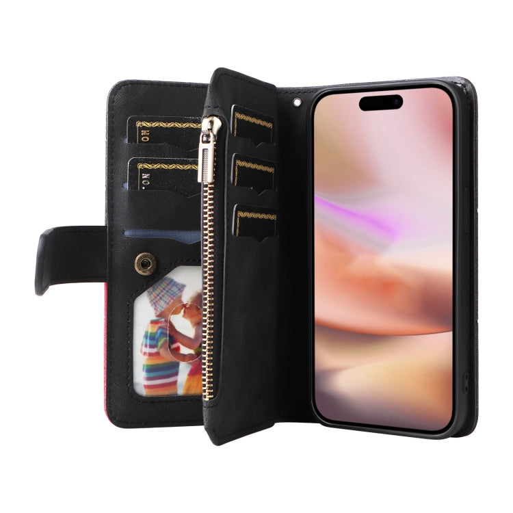 For iPhone 16 Plus Dual-color 9 Card Slots Zipper Wallet Leather Phone Case