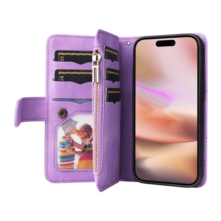 For iPhone 16 Plus Dual-color 9 Card Slots Zipper Wallet Leather Phone Case