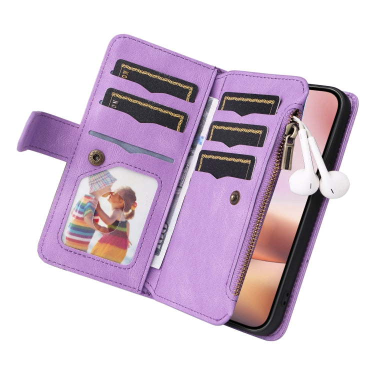 For iPhone 16 Plus Dual-color 9 Card Slots Zipper Wallet Leather Phone Case