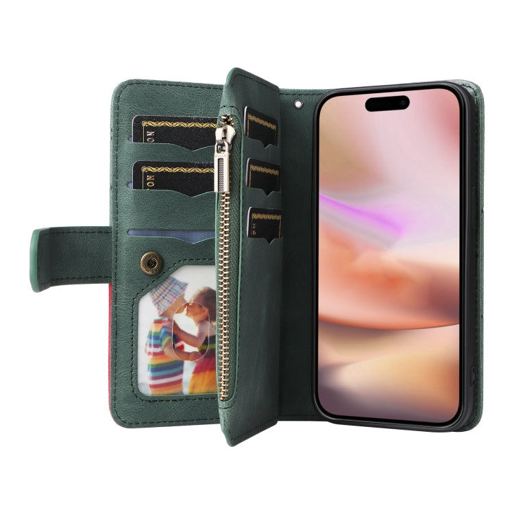 For iPhone 16 Plus Dual-color 9 Card Slots Zipper Wallet Leather Phone Case