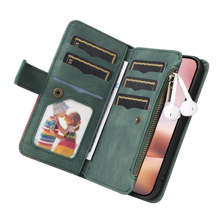 For iPhone 16 Plus Dual-color 9 Card Slots Zipper Wallet Leather Phone Case