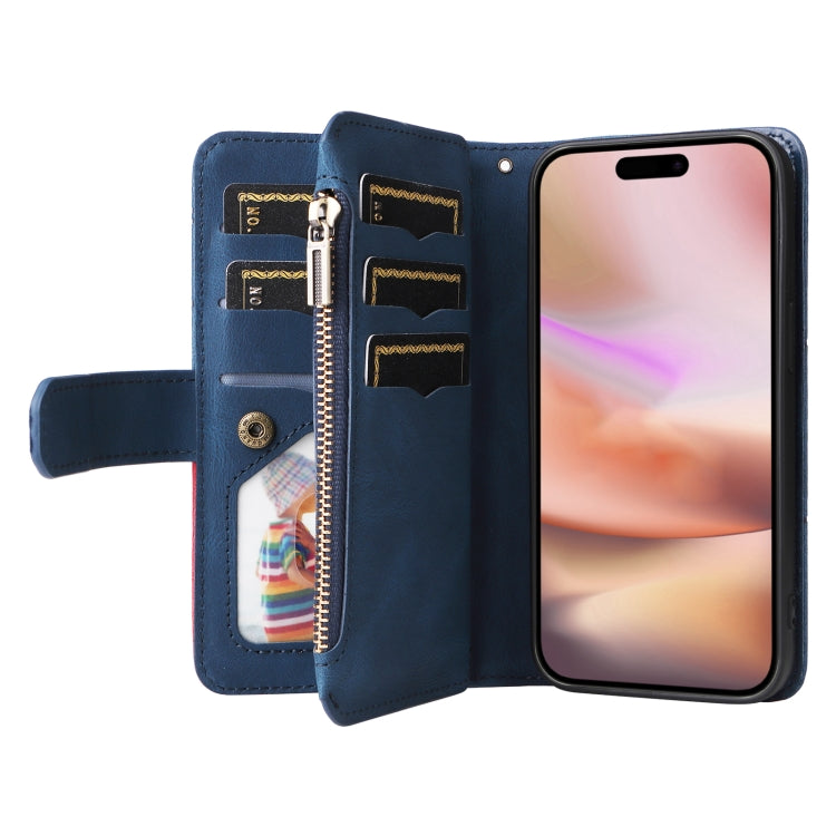 For iPhone 16 Plus Dual-color 9 Card Slots Zipper Wallet Leather Phone Case