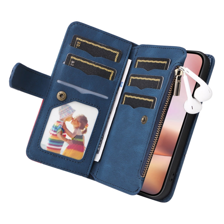 For iPhone 16 Plus Dual-color 9 Card Slots Zipper Wallet Leather Phone Case