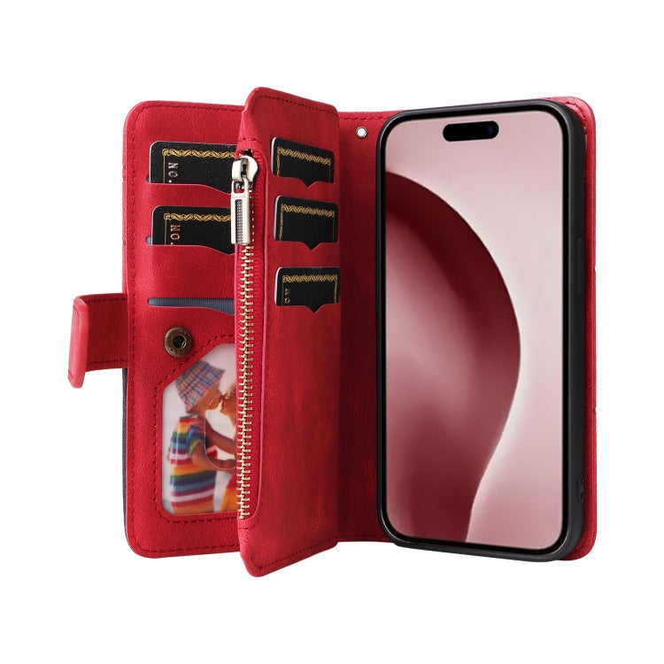 For iPhone 16 Pro Dual-color 9 Card Slots Zipper Wallet Leather Phone Case
