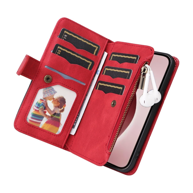 For iPhone 16 Pro Dual-color 9 Card Slots Zipper Wallet Leather Phone Case