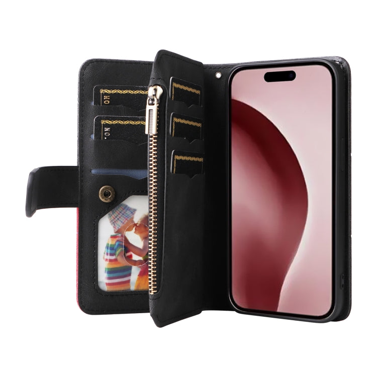 For iPhone 16 Pro Dual-color 9 Card Slots Zipper Wallet Leather Phone Case