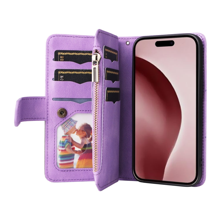For iPhone 16 Pro Dual-color 9 Card Slots Zipper Wallet Leather Phone Case