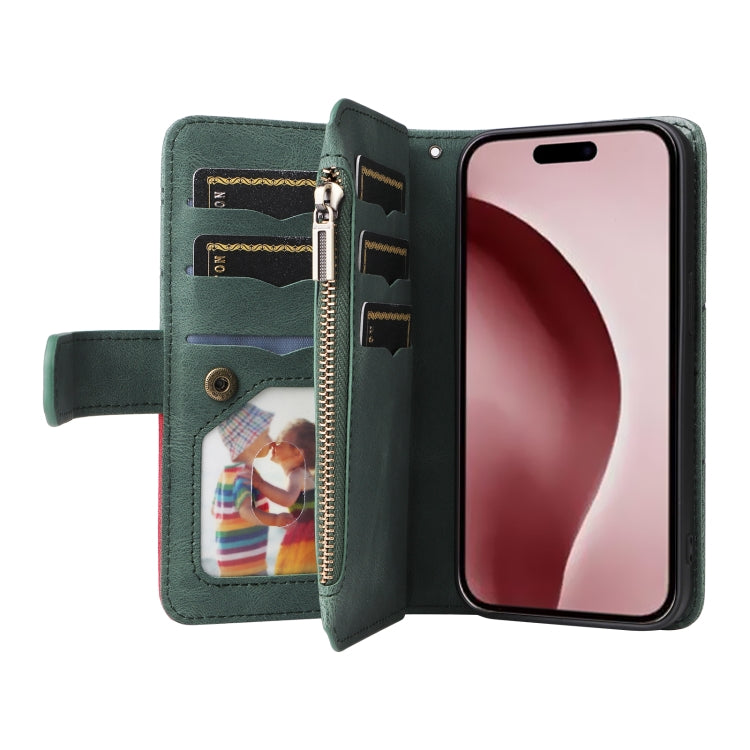 For iPhone 16 Pro Dual-color 9 Card Slots Zipper Wallet Leather Phone Case