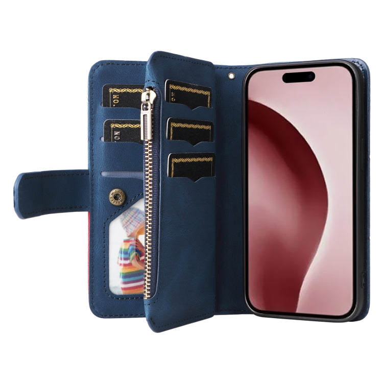 For iPhone 16 Pro Dual-color 9 Card Slots Zipper Wallet Leather Phone Case