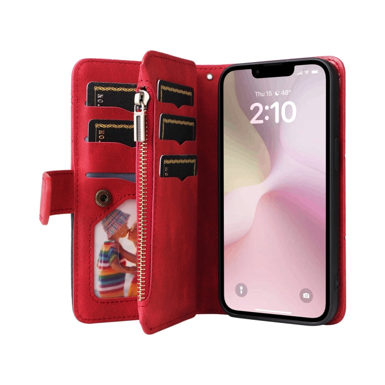 For iPhone 17e / 16e Dual-color 9 Card Slots Zipper Wallet Leather Phone Case