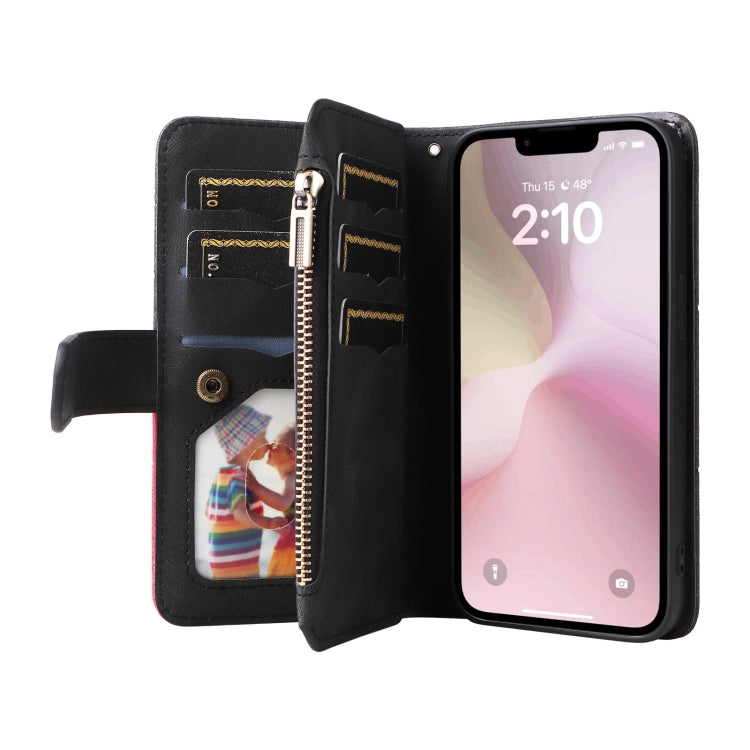 For iPhone 17e / 16e Dual-color 9 Card Slots Zipper Wallet Leather Phone Case