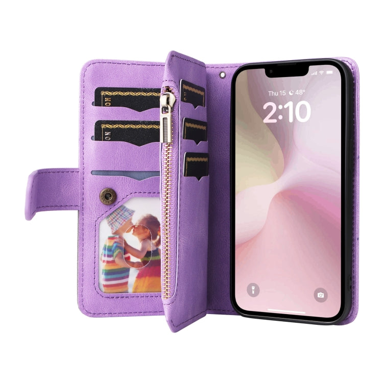 For iPhone 17e / 16e Dual-color 9 Card Slots Zipper Wallet Leather Phone Case