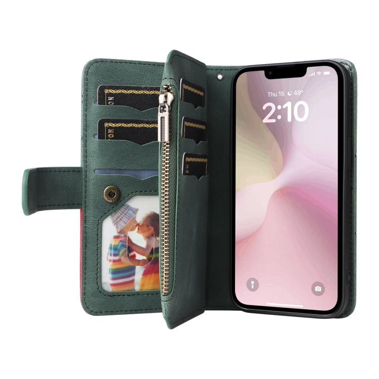 For iPhone 17e / 16e Dual-color 9 Card Slots Zipper Wallet Leather Phone Case