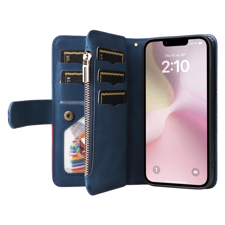 For iPhone 17e / 16e Dual-color 9 Card Slots Zipper Wallet Leather Phone Case