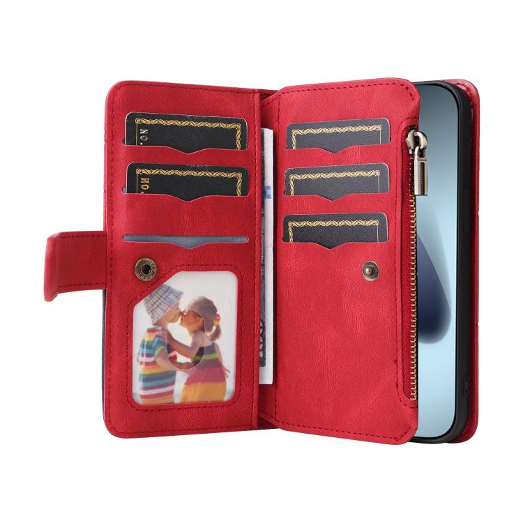 For iPhone 17 Pro Dual-color 9 Card Slots Zipper Wallet Leather Phone Case