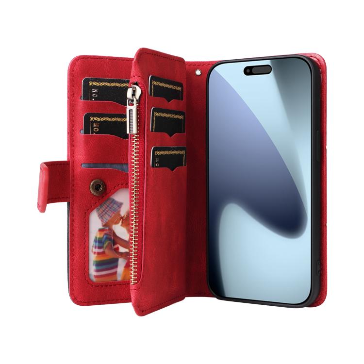 For iPhone 17 Pro Dual-color 9 Card Slots Zipper Wallet Leather Phone Case