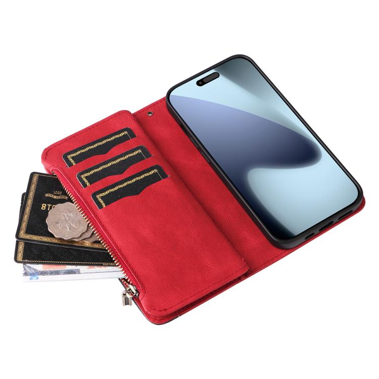For iPhone 17 Pro Dual-color 9 Card Slots Zipper Wallet Leather Phone Case