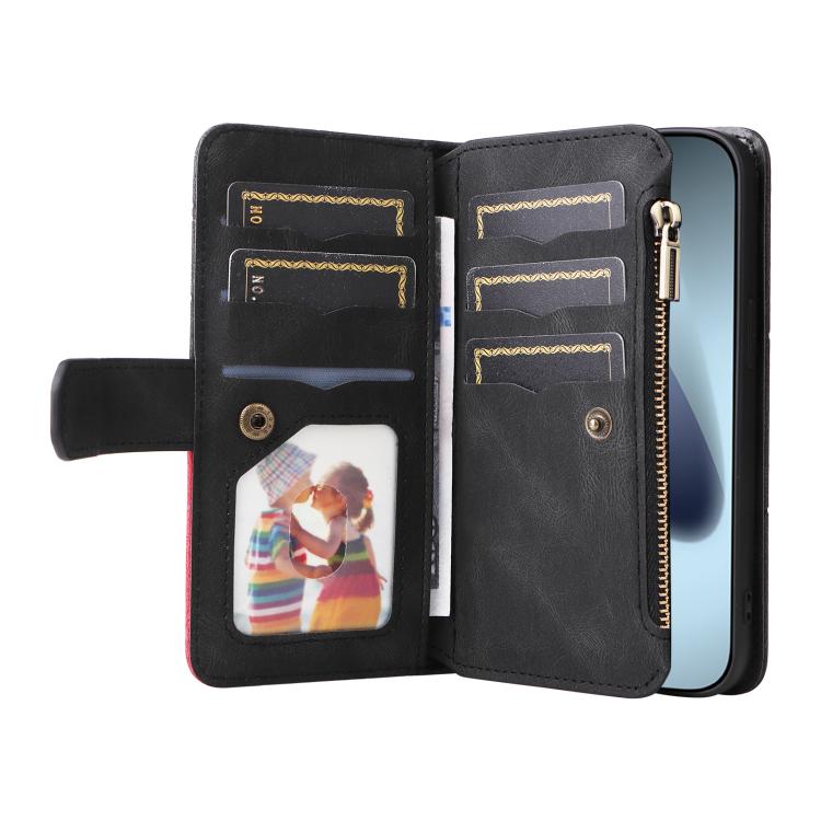For iPhone 17 Pro Dual-color 9 Card Slots Zipper Wallet Leather Phone Case