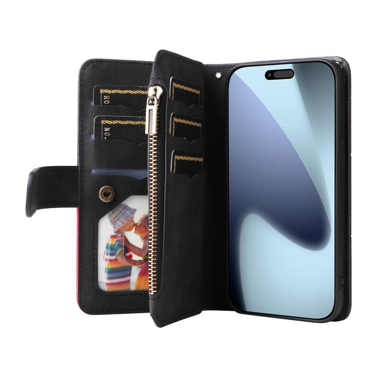 For iPhone 17 Pro Dual-color 9 Card Slots Zipper Wallet Leather Phone Case