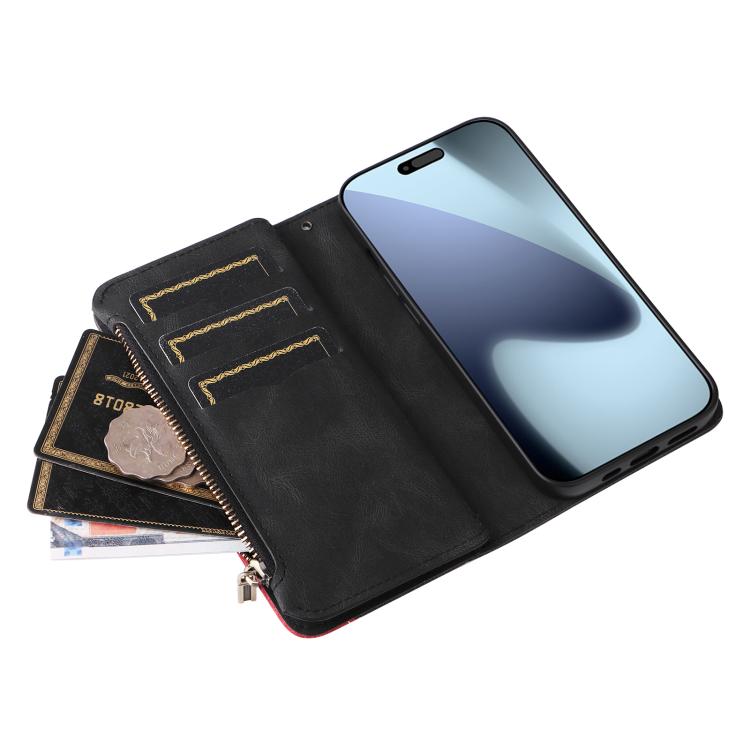 For iPhone 17 Pro Dual-color 9 Card Slots Zipper Wallet Leather Phone Case